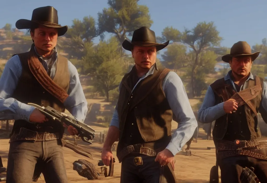 Image similar to elon musk in the red dead redemption 2, elon musk in the video game red dead redemption 2, gameplay screenshot, close up, 3 d rendering. unreal engine. amazing likeness. very detailed.