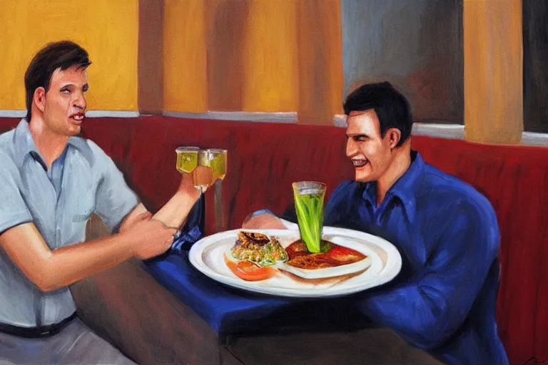 Image similar to busser in a restaurant declares his undying love to an empty plate, art by dean macadam