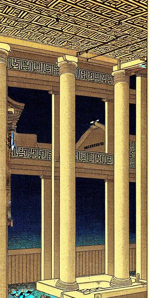Prompt: a beautiful ancient greek bathhouse at midnight by hasui kawase