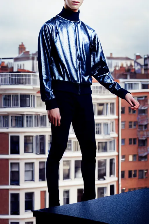 Image similar to un ultra high definition studio quality photographic art portrait of a young man standing on the rooftop of a british apartment building wearing soft padded silver pearlescent clothing. three point light. extremely detailed. golden ratio, ray tracing, volumetric light, shallow depth of field. set dressed.