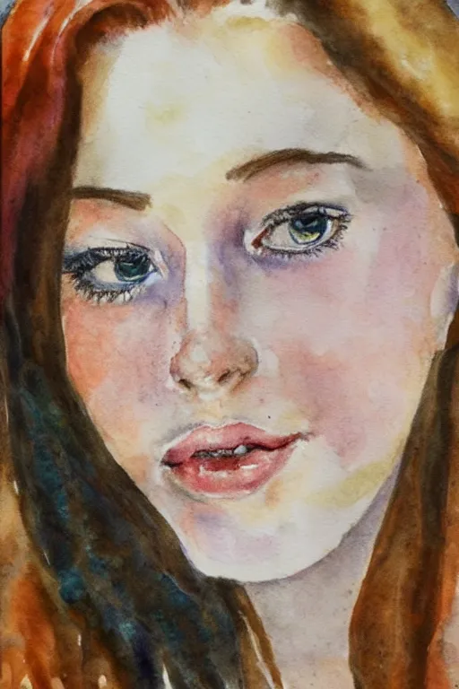Prompt: portrait of a young beautiful auburn woman, closing her eyes, smiling, aquarelle, realistic painting, freckles, 1 / 4 headshot
