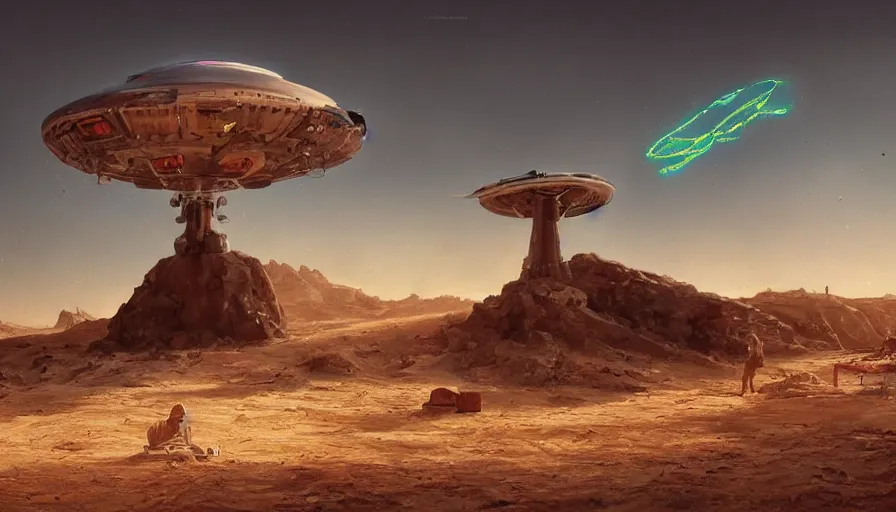 Image similar to a beautiful painting of an archaeological excavation of a ufo powered with flashing lights, in a desert, ray traced lighting by kalin popov and greg rutkowski