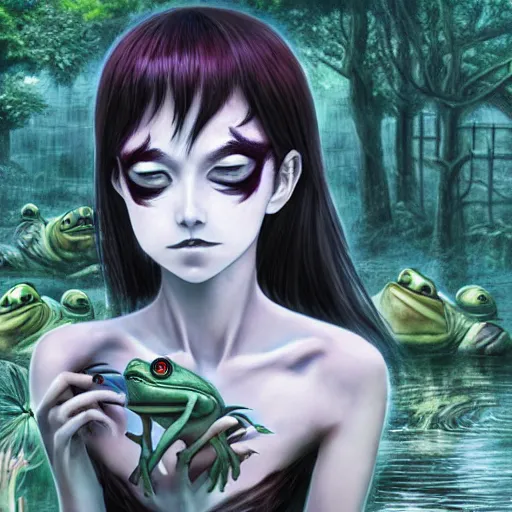 Prompt: beautiful scary godlike fairy in the anime style of Junji Ito , eating a frog violently , being chased by a giant frog , petite , upper body , epic , traditional makeup , gorgeous features ,Perfect pixel art, Post-processing , Greg rutkowski legendary matte painting , masterpiece