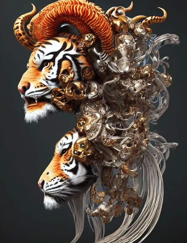 Image similar to 3 d goddess tiger skull half - turn portrait with long hair with ram skull. beautiful intricately detailed japanese crow kitsune mask and clasical japanese kimono. betta fish, jellyfish phoenix, bio luminescent, plasma, ice, water, wind, creature, artwork by tooth wu and wlop and beeple and greg rutkowski