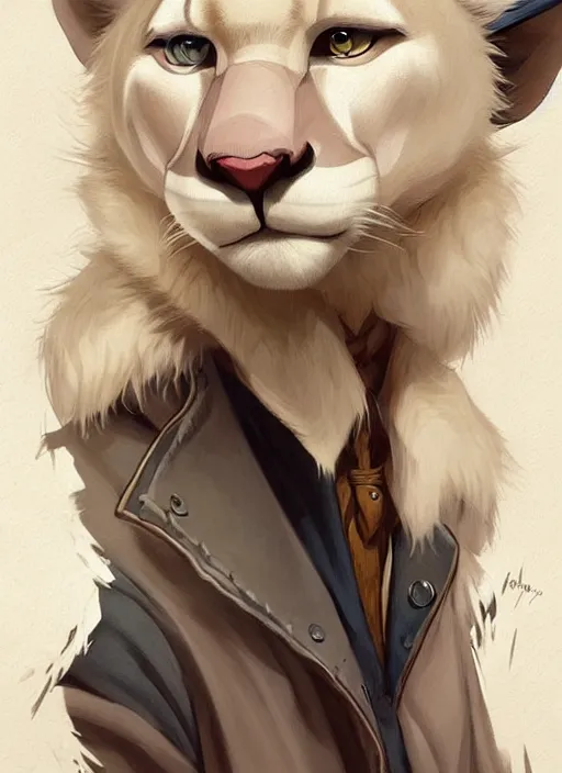 Prompt: beautiful portrait commission of a male furry anthro albino mountain lion wearing year 1915 miner's clothes. Atmospheric. Character design by charlie bowater, ross tran, artgerm, and makoto shinkai, detailed, inked, western comic book art