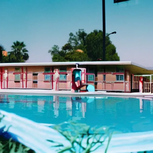 Prompt: a motel swimming pool from a music video by lana del rey