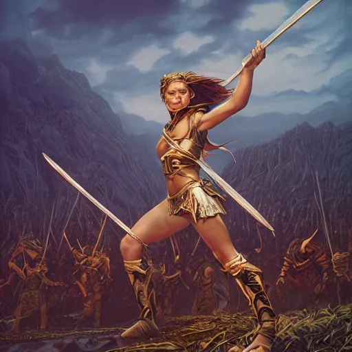 Image similar to epic beautiful young warrior maiden fighting against injustice under ritual lit night Micheal Whelan, Jeff Easley photorealistic, cinematic, fantastic reality, detailed, intricate dramatic lighting, establishing shot, 8k resolution – W 1024