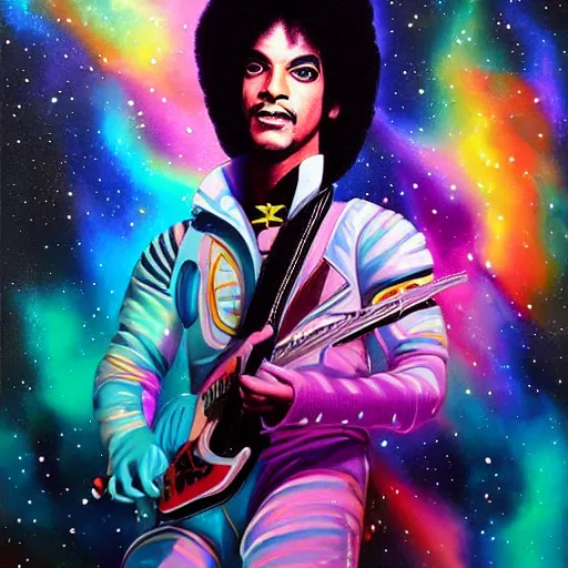 Image similar to a cosmic painting of prince in space. mindblowing colours, trending on artstation. highly detailed face.