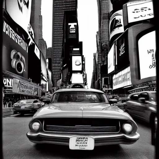 Prompt: A very futuristic car in NYC Times Square, old, vintage photography, DSLR, black and white