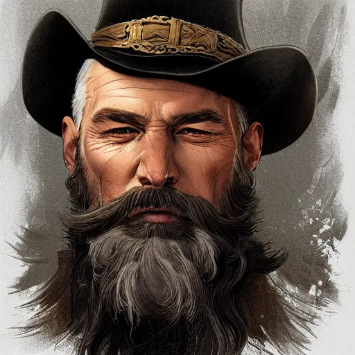 Prompt: very detailed vector art bearded gunslinger, painted fantasy character portrait, headshot, fantasy, highly detailed, digital painting, artstation, concept art, sharp focus, illustration, art by the golden age of American illustration archive, simon bisley and frank frazetta, artgerm and greg rutkowski and alphonse mucha