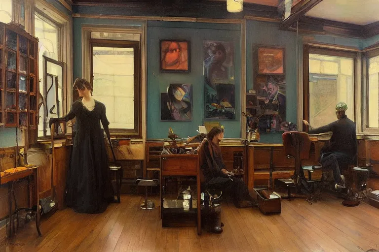 Image similar to “ interior of an art nouveau tattoo shop, jeremy lipking, joseph todorovitch ”