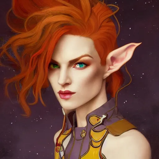 Prompt: dnd character portrait of a beautiful and androgynous half - elf with messy short red hair and catlike features and dark skin and yellow eyes with slit pupils, glowing, golden hour, wearing a colorful men's suit, tufted ears, realistic painting by ross tran and gerald brom and alphonse mucha, trending on artstation