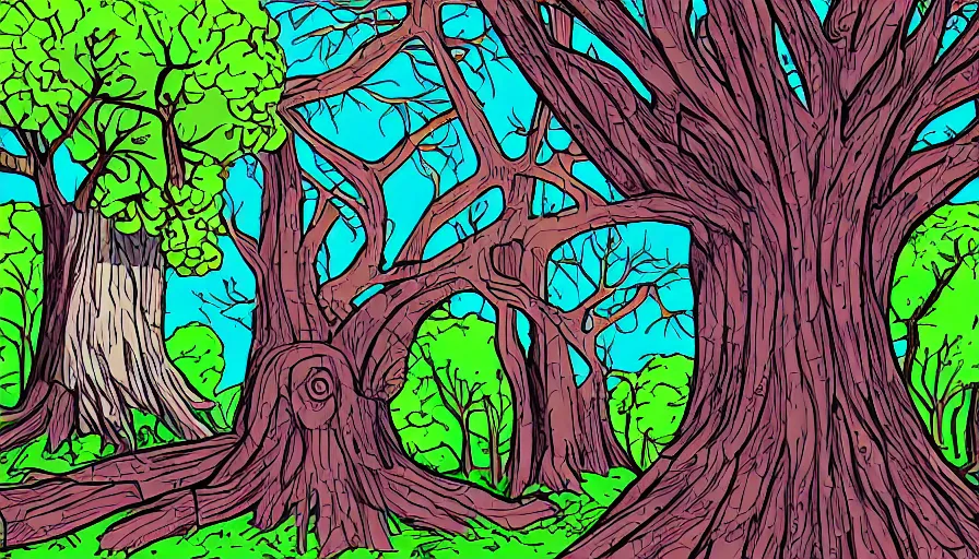 Image similar to forest filled with ruins, giant trees, tiny rocket, colorful, vector style drawing