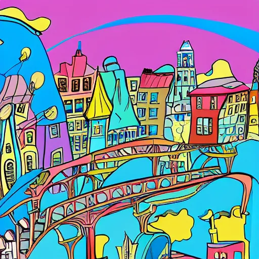Image similar to fanciful city filled with curvy buildings, by dr seuss, oh the places you'll go, arches, platforms, towers, bridges, stairs, colorful illustration, flat colors