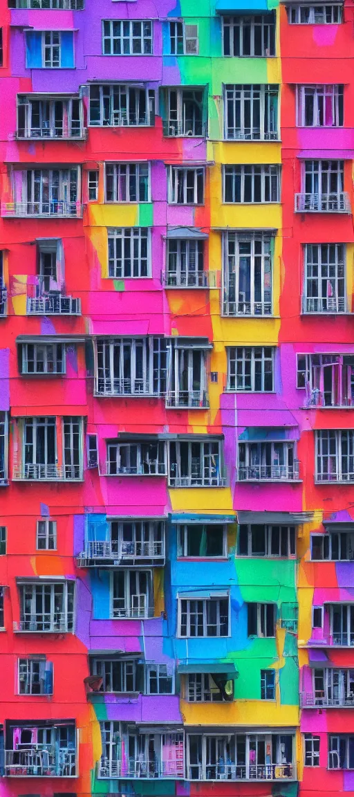 Prompt: concept art of a person standing on a balcony in front of a multicolored building, a photo by juliette leong, featured on flickr, synchromism, chromatic, vivid colors, colorful