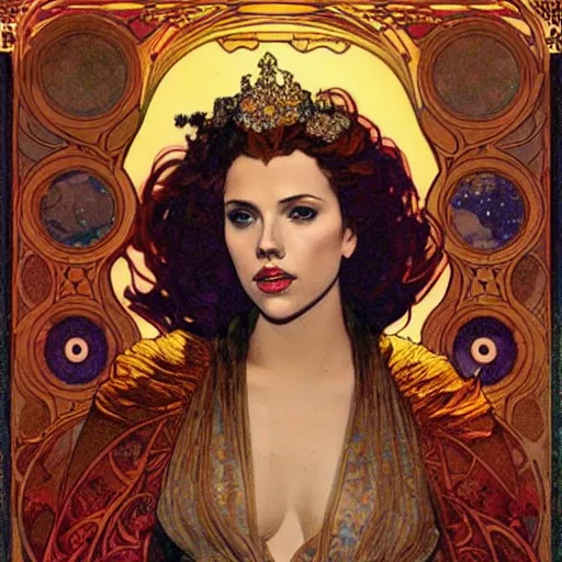 Image similar to scarlett johansson portrait by louis - theophile hingre and alphonse mucha, realistic, sharp focus, zodiac signs, tarot cards, planets, ethereal, art nouveau, magic, moon, sun, crown, dreamy, royal, jewellery