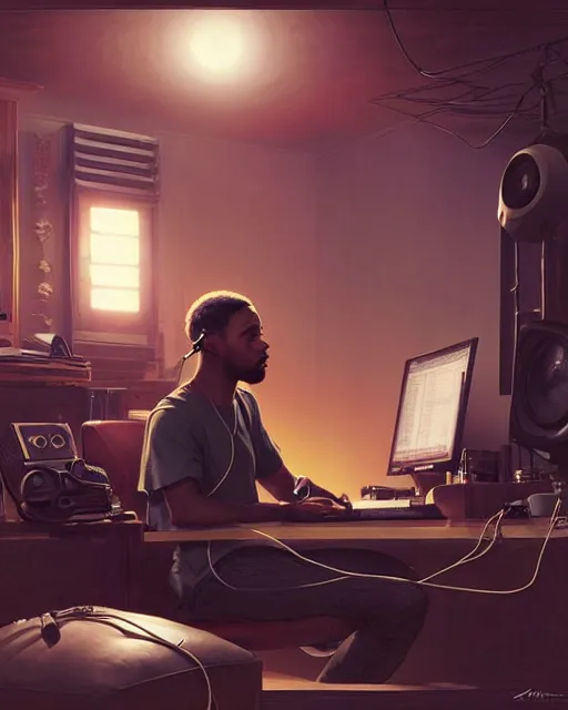 Image similar to light skin black man with headphones at his home studio producing music late at night, very detailed, 4 k, concept art like ernest khalimov, intricate details, highly detailed by greg rutkowski, ilya kuvshinov, gaston bussiere, craig mullins, simon bisley