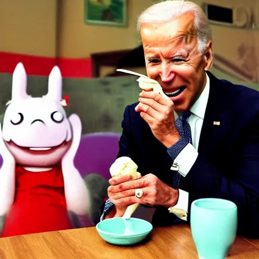 Image similar to Joe Biden eating ice cream with Moomins