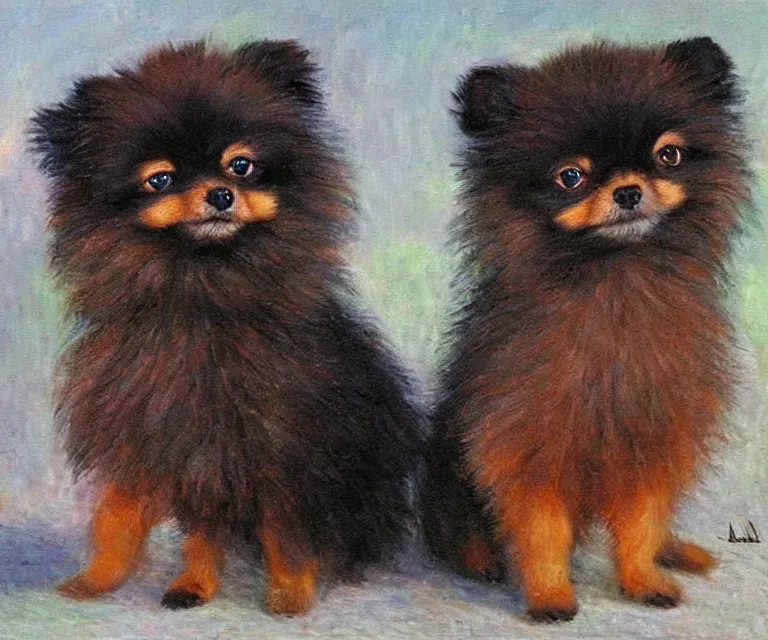 Image similar to black and brown pomeranian, cute, monet, oil painting