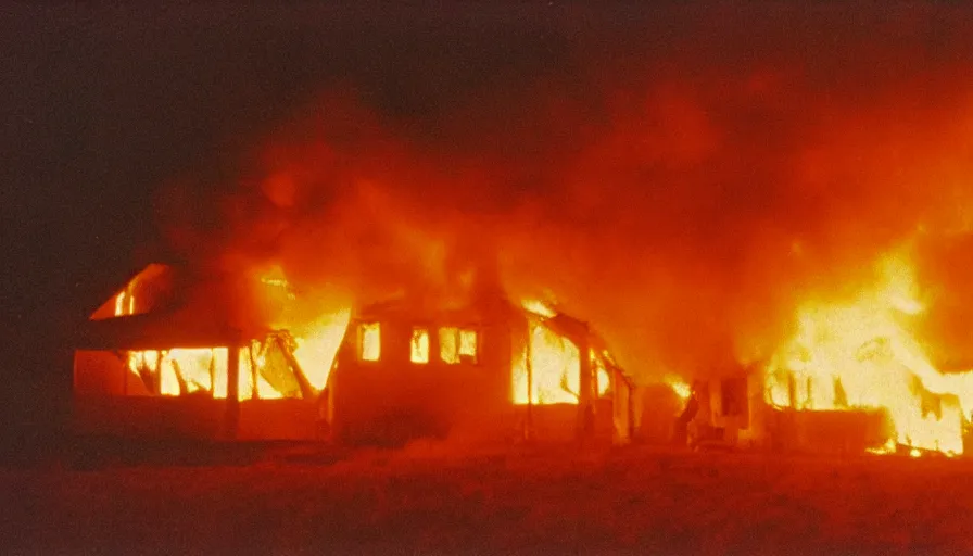 Image similar to 1 9 7 0 s movie still of a heavy burning house in a small french village by night, cinestill 8 0 0 t 3 5 mm, heavy grain, high quality, high detail, dramatic light, anamorphic, flares