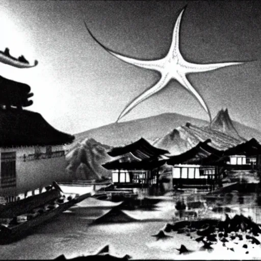 Image similar to a giant Kaiju Starfish Monster over a traditional Korean village, minimal cinematography by Akira Kurosawa, hyperrealistic movie filmstill, film noir, thriller produced by Kim Jong-il