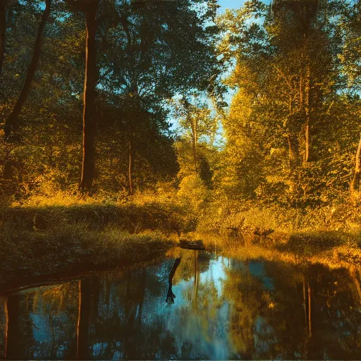 Image similar to river in a forest, golden hour, ray tracing reflection, 8k, hyper realistic, insainly detailed, hdr, octane render