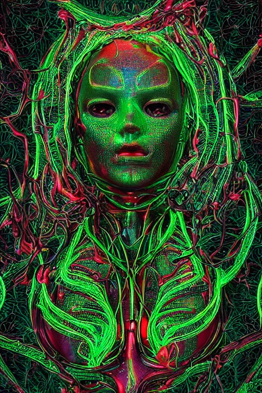 Image similar to a melancholic realistic 8k sculpture of a complex robotic human face, liquid metal simulation, bright psychedelic neon colors, dark dramatic lighting, hexagonal mesh wire, filigree intricate details, cinematic, fleshy, red blossoms, green ivy, elegant, 50mm lens, DOF, octane render, art nouveau, 8k post-processing, intricate art by greg rutkowski