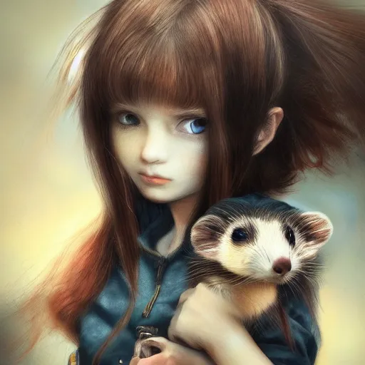 Prompt: girl holding a ferret, digital art, by Yoshitaka Amano, trending on artstation, 4k, highly detailed