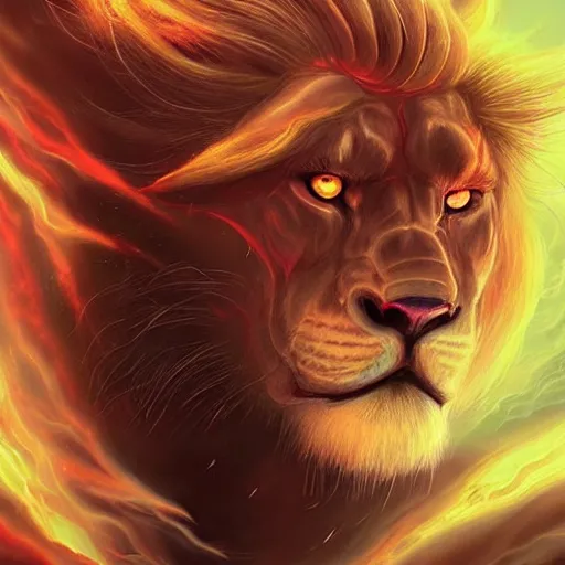 Image similar to aesthetic portrait commission of a albino muscular and attractive anthro lion as a satanic muscular overlord with mane fur turning into cosmic red fire and black smoke in the volcanic burning clouds, fantasy art, hyperdetailed. Character design by charlie bowater, ross tran, artgerm, and makoto shinkai, detailed, inked, western comic book art, 2021 award winning painting