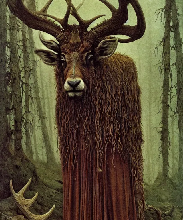 Prompt: A detailed horned antelopewoman stands by the forest. Wearing a ripped mantle, robe. Perfect faces, extremely high details, realistic, fantasy art, solo, masterpiece, art by Zdzisław Beksiński, Arthur Rackham, Dariusz Zawadzki