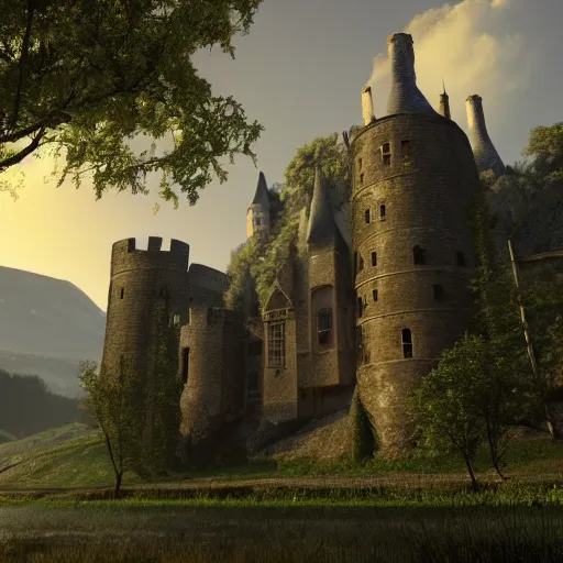 Image similar to very impressive medieval castle in very beautiful valley with trees, perspective, trending on artstation, cinematic, nice lighting, 4k digital art