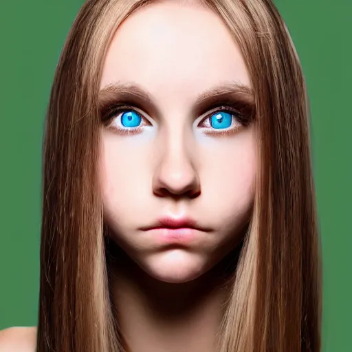 Prompt: brunette with dyed blonde hair, 18 years old, 155 cm tall, long flat hair, blonde, green big eyes, small nose, small mouth, round shaped face, big forehead, lop eared, full body shot, thin eyebrows, real life photograph