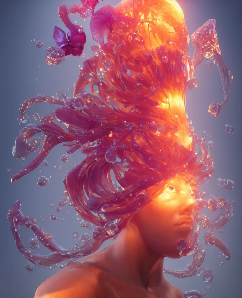 Prompt: 3 d head shot portrait of the face of a beautiful princess, giant orchid flower, giant gladiola, high contrast and sharpness, jellyfish face skull phoenix bird, translucent, nautilus, smoke and water energy flow. highly detailed, epic. octane render, excellent composition, by wlop, tooth wu, greg rutkowski, beeple