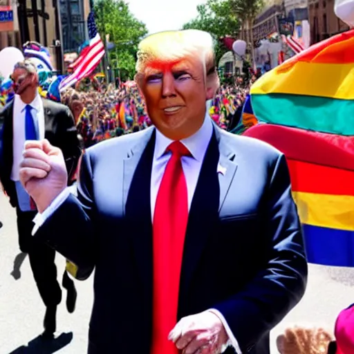 Prompt: donald trump at a pride parade where everybody cheers him on