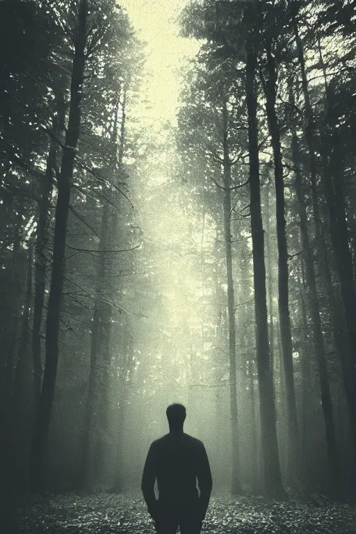 Image similar to square polaroid photo of a guy with standing in a dark fantasy forest, back view, lens flare, moody lighting, moody vibe, telephoto, 9 0 s vibe, blurry background, grain, tranquil, calm, faded!,