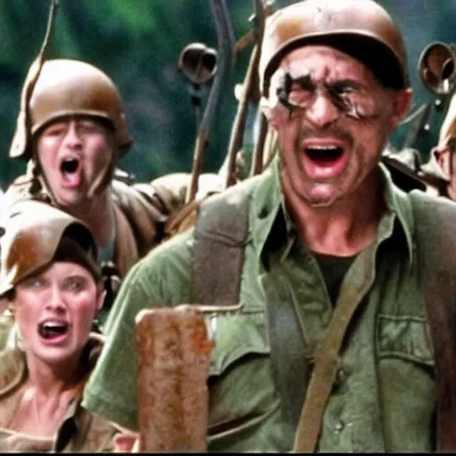 Prompt: a still of from the movie platoon crossover with the movie misery and the movie armageddon