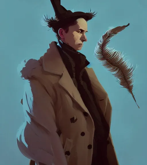 Image similar to portrait of magician with coat made of feathers by atey ghailan, by greg rutkowski, by greg tocchini, by james gilleard, by joe fenton, by kaethe butcher, dynamic lighting, gradient light blue, brown, blonde cream and white color scheme, grunge aesthetic