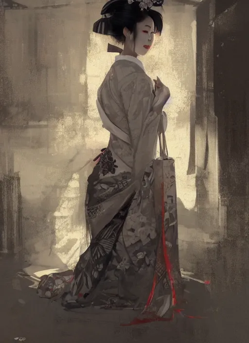 Prompt: female geisha girl, beautiful face, rule of thirds, intricate outfit, symmetrical, spotlight, by greg rutkowski, by jeremy mann, digital painting