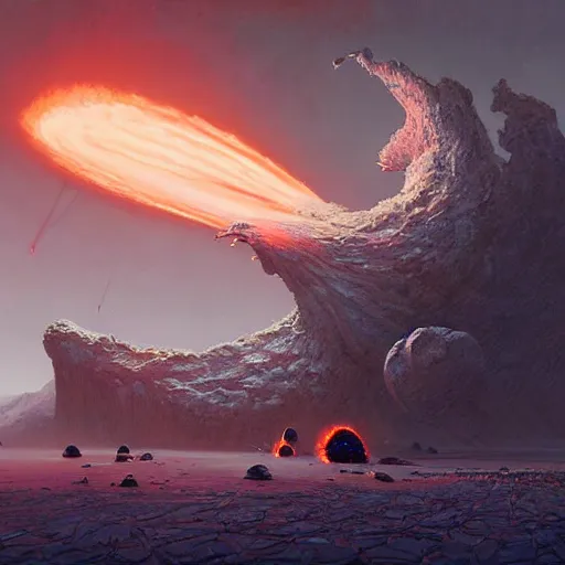 Image similar to A digital painting of a meteor containing an insect hive burning up in the atmosphere, Wayne Barlowe Greg Rutkowski Jessica Rossier
