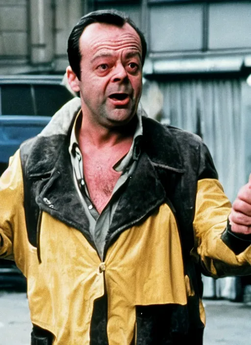 Image similar to film still of Del Boy from Only Fools & Horses as John McClane in Die Hard, 4k