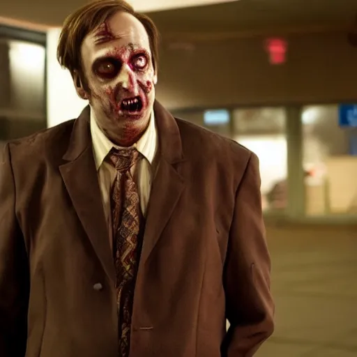 Prompt: film still of zombie zombie saul goodman as a zombie in better call saul, 4 k