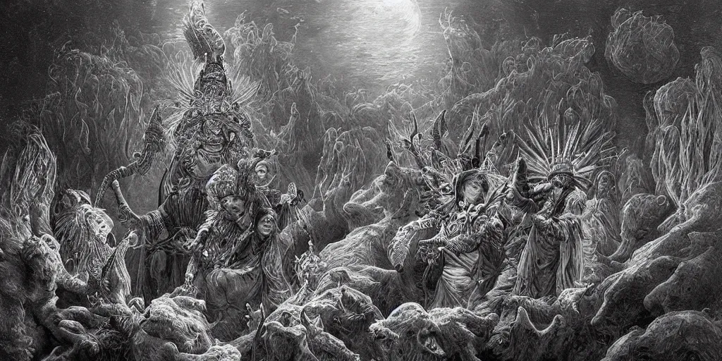 Image similar to highly detailed and cinematic romantic, edge of the universe, the mexican shaman magician who summons from fire to create new things, magical, myth, masterpiece, from the book of the long sun by gene wolfe, highly detailed painting by gustave dore