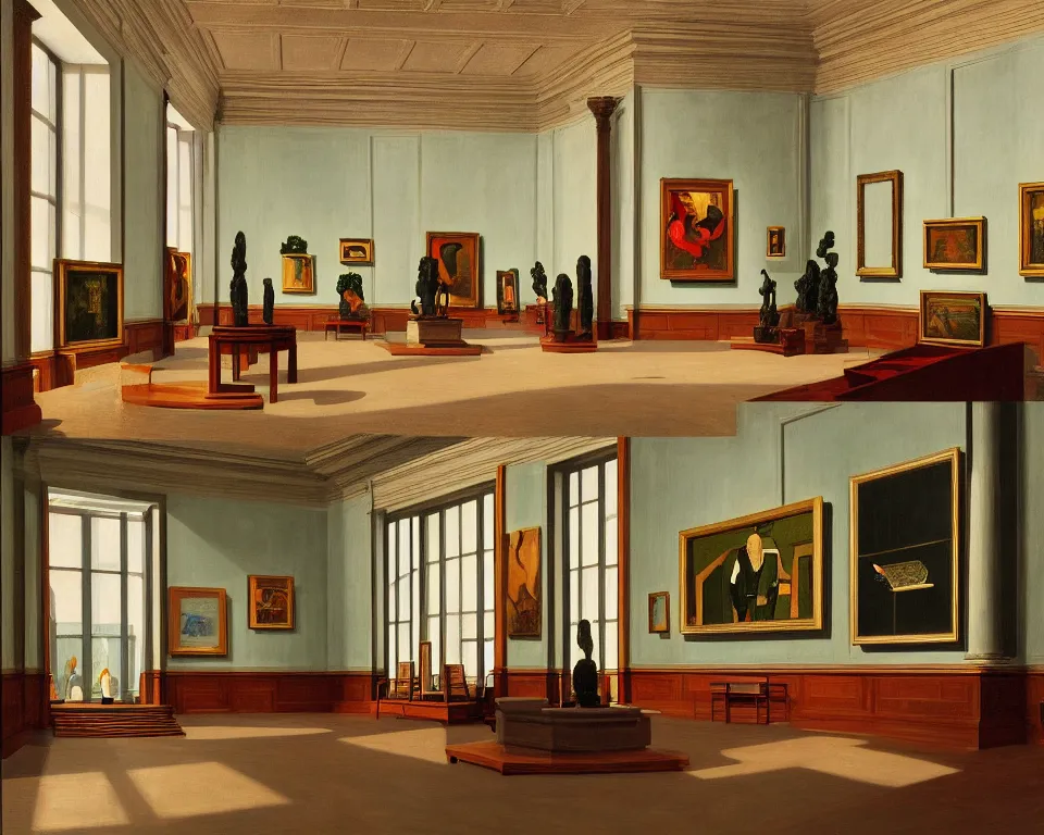 Prompt: an achingly beautiful print of the interior of a posh art museum with framed masterpieces covering the walls, potted plants, and classical antiquities in niches by Raphael, Hopper, and Rene Magritte. detailed, romantic, enchanting, trending on artstation.