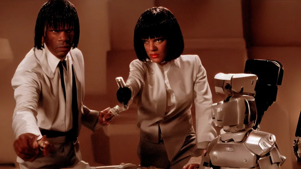 Image similar to movie still of pulp fiction but with robots, movie still, cinematic composition, cinematic light, by david lynch