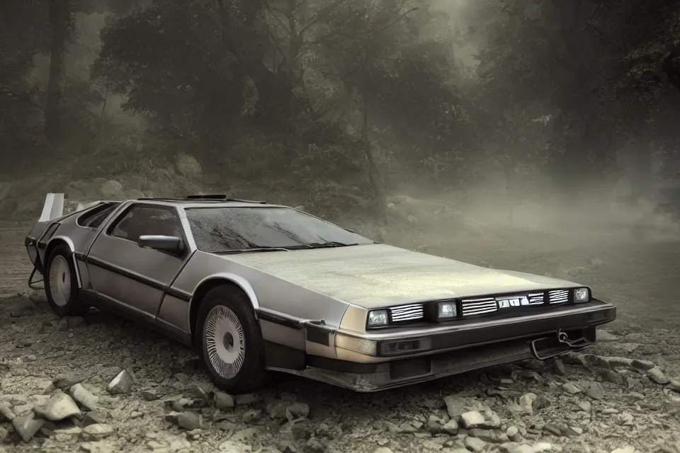 Image similar to ultra realistic delorean dmc 5 with pop - up headlights drifting on ancient highway wreckage in space, dark cinematic, volumetric, realistic, 3 d render, realistic render, cinematic lighting, volumetric lighting, atmospheric, cinematic, unreal engine 5, unreal engine render, octane render, hd, photorealism, hyper realistic, 8 k