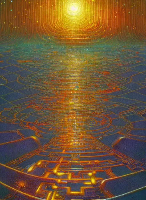 Prompt: happy stellar labyrinth. cassette era technology, vintage shapes, retro technology, happy color, bruce pennington, larry elmore, oil on canvas, deep depth field, masterpiece, cinematic composition, hyperdetailed