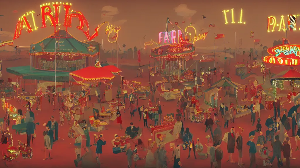 Image similar to Party at the fairground, in the style of David Lynch, by Wes Anderson, concept art, artstation