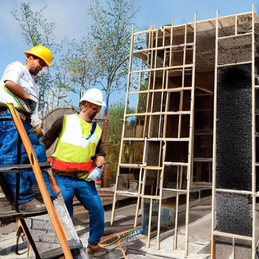 Prompt: construction workers working on a square portal photo