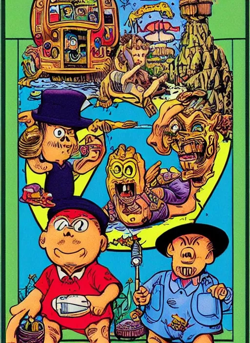 Prompt: dadcore wizards on vacation by basil wolverton and robert crumb in the style of a garbage pail kids card, tarot card, play - doh