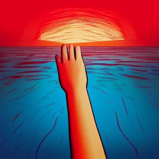 Prompt: album art of a hand coming out the water with a red sky by chris bilheimer